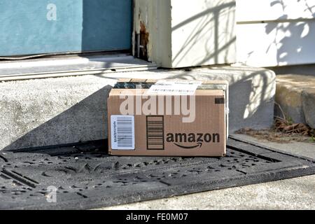 Amazon Prime package delivered to residential home Stock Photo