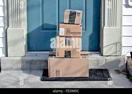 Amazon Prime boxes delivered to a home Stock Photo