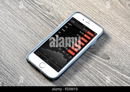 Apple iPhone displaying stock market on a day of market correction Stock Photo