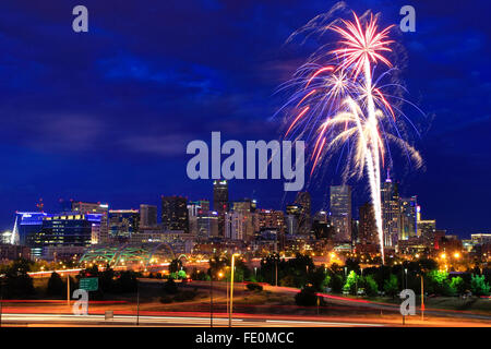 Fireworks on the 4th of July in Denver, Colorado. Denver is the most populous city in Colorado. Stock Photo