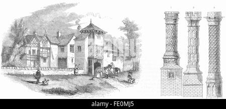 HULME HALL: &Chimneys-Barsham; Eton, Hampton Court, antique print 1845 Stock Photo