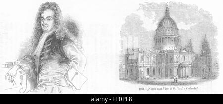 LONDON: Christopher Wren; NE St Paul's Cathedral, antique print 1845 Stock Photo