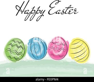 Happy Easter greetings card with colorful eggs drawn by watercolor brush Stock Vector