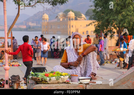 Indian woman selling vegetables at Man Sagar Lake in Jaipur, Rajasthan, India. Stock Photo