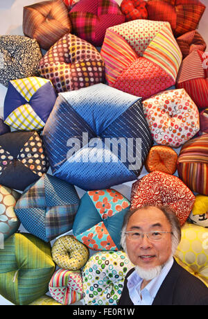 Tokyo, Japan. 3rd Feb, 2016. Koichiro Takaoka of Takaokaya Futon Co. pose for a photo during the 81st Tokyo International Gift Show Spring 2016. The show offers a collection of the latest smart phone goods, stationary, hobby material goods, exhibits of personal gifts, consumer goods and decorative accessories. The show also includes a new product contest in which more than 400 new products enter to compite. Also a collection of unique products from all over the world to compete in the most popular imported product contest. Kitchen and dining room goods contest. Established in 1976, TIGS is he Stock Photo
