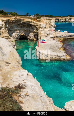 Rocky stacks of Saint Andrew Tower on the coast of Salento in Apulia in ...