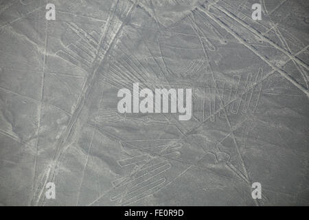 Aerial view of Nazca Lines geoglyphs in Peru. The Lines were designated as a UNESCO World Heritage Site in 1994. Stock Photo