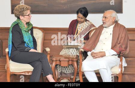 Indian Prime Minister Narendra Modi meets with the Premier of Ontario, Kathleen Wynne in South Block February 03, 2016 in New Delhi, India. Stock Photo