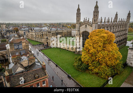 King's College, Cambridge from Great St Mary's church tower, raining Stock Photo