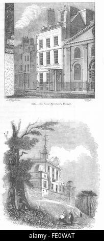 LONDON: Isaac Newton's House; Observatory, Greenwich, antique print 1845 Stock Photo