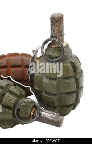 Soviet hand grenades (slang - pineapples) isolated over a white background. Stock Photo