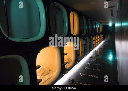 sleeping capsules in a capsule hotel Stock Photo