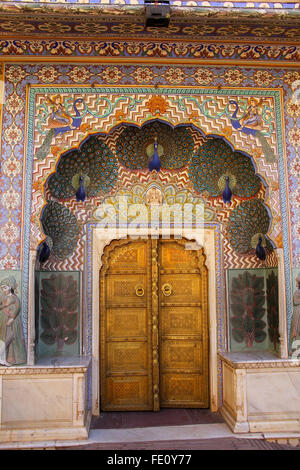 Peacock Gate in Pitam Niwas Chowk, Jaipur City Palace, Rajasthan, India. Palace was the seat of the Maharaja of Jaipur, the head Stock Photo