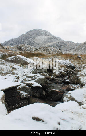 Winter snowfall at Tryfan mountain Snowdonia National Park Wales Stock Photo