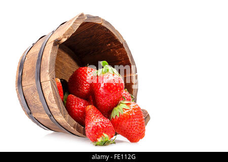 Strawberry wooden bucket Isolated on white background Stock Photo