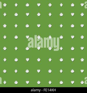 seamless pattern of playing card suits on green backdrop. vector background design. hearts, spades, diamonds and clubs symbol. c Stock Vector