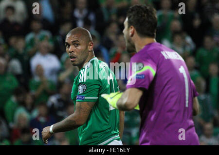 08 Oct 2015 - Euro 2016 Qualifier - Group F - Northern Ireland 3 Greece 1. Josh Magennis (left) in action for Northern Ireland. Stock Photo