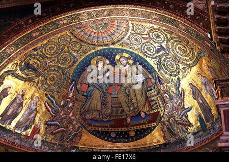 A 13th century apse mosaic of the Coronation of the Virgin in Basilica Santa Maria Maggiore in Rome. Stock Photo