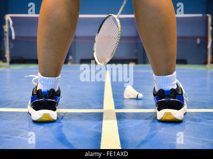 badminton court with badminton player Stock Photo