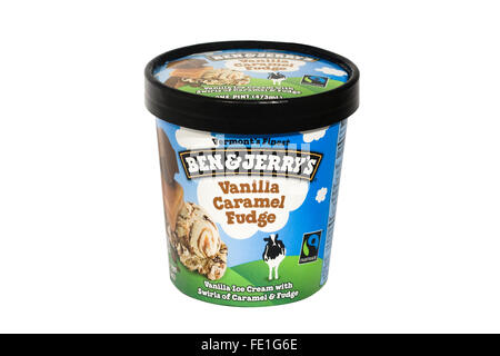 Cut Out. A Pint of Ben & Jerry's 'Vanilla Caramel Fudge' Ice Cream on white background Stock Photo