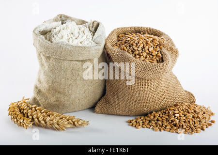 Flour and wheat grain in small burlap sacks Stock Photo