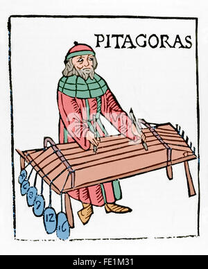 Pythagoras of Samos (570 BC-495 BC). Ionic Greek philosopher and mathematician. Engraving by Theo Gafurius, 1492. Milan, Italy. Colored. Stock Photo