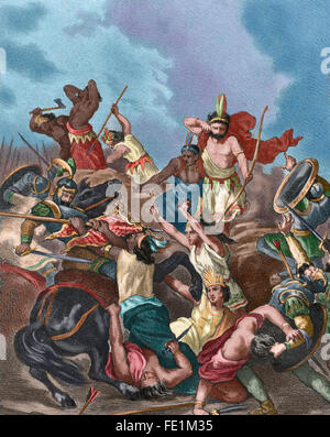 Spanish conquest of the Aztec Empire (1519-1521). Battle of Otumba, 1520. Engraving, 1875. Colored. Stock Photo