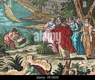 Moses rescued from the Nile by the daughter of Pharaoh of Egypt. Exodus. Chapter 2, Verse 5. Engraving. Colored. Stock Photo