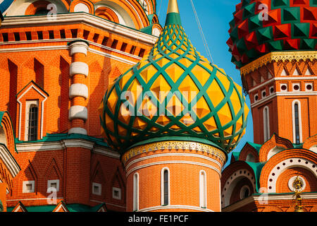 Domes of the Cathedral of Vasily the Blessed - Saint Basil's Cathedral, church in Red Square in Moscow, Russia. Stock Photo