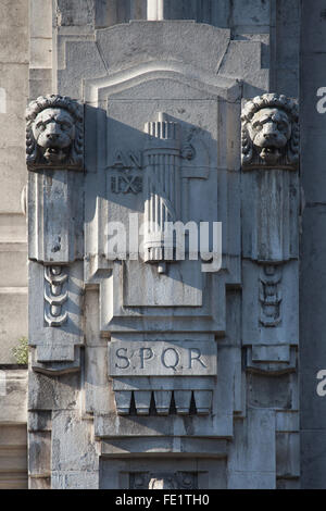 Fascist symbol depicted on the main facade of the Central train station (Stazione di Milano Centrale) in Milan, Lombardy, Italy. Number IX means 9th year of the fascist era (1931). Stock Photo