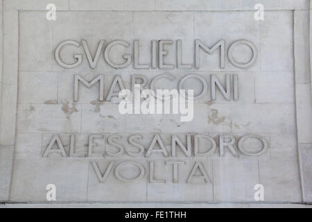 Names of Italian inventors Guglielmo Marconi and Alessandro Volta appeared in the vestibule of the Central train station (Stazione di Milano Centrale) in Milan, Lombardy, Italy. Stock Photo