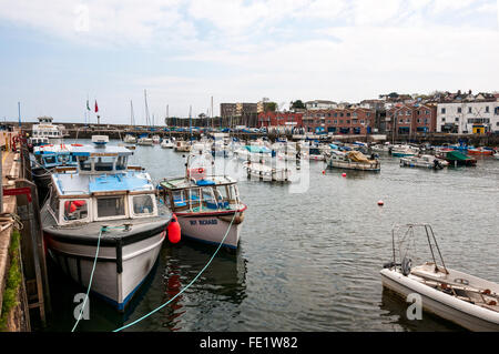 Small fishing and pleasure boats float on a calm sea in picturesque Paignton harbour skirted by water sports activities for hire Stock Photo