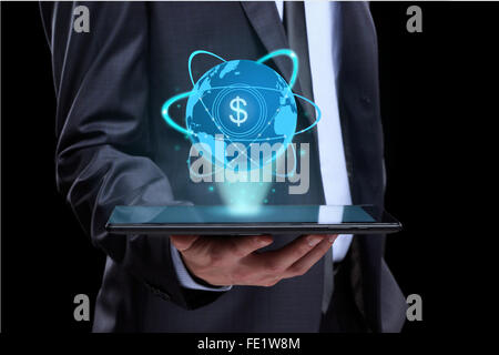 Businessman holding tablet with a projected on-screen icon online trading dollar. business Internet concept. Stock Photo