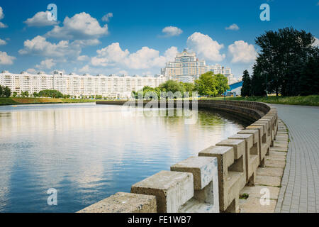 Cityscape View Of Residential Architecture of apartment houses at Nemiga, Minsk, Belarus from embankment of Svisloch river. Stock Photo