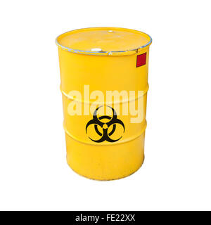 Yellow metal barrel with black biohazard warning sign isolated on white background Stock Photo