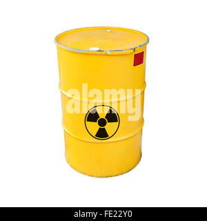 Yellow metal barrel with black radioactive warning sign isolated on white background Stock Photo