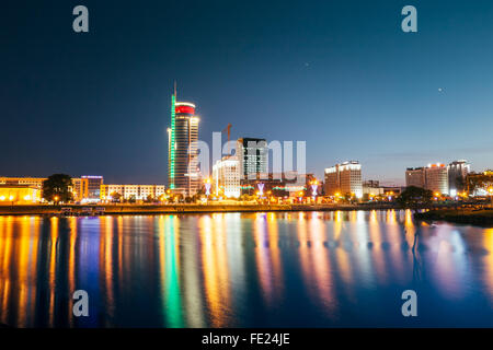 MINSK, BELARUS - June 2, 2015: Night View Of Business Center Royal Plaza -Skyscraper on Pobediteley Avenue in district Nemiga in Stock Photo