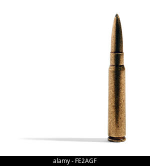 Close up on a single rifle bullet in a brass casing casting a lateral shadow over a white background with copy space Stock Photo