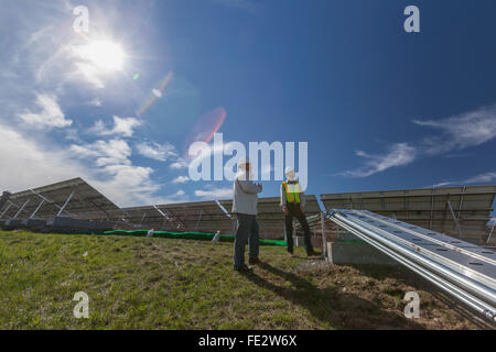 Power engineers standing in front of solar photovoltaic array Stock Photo