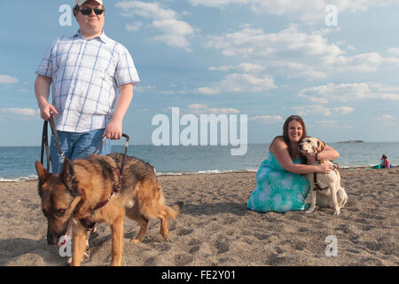 Blind couple enjoying on the beach with their service dogs Stock Photo