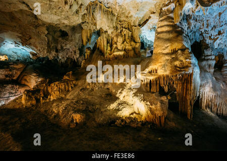 Stalactites and stalagmites in the caves of Nerja famous. Natural formations. Nerja, Malaga Province, Andalusia, Spain. Stock Photo