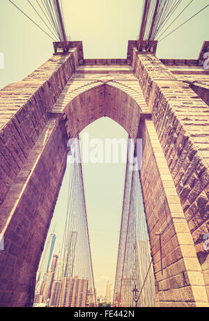 Vintage toned wide angle photo of Brooklyn Bridge, NYC, USA. Stock Photo