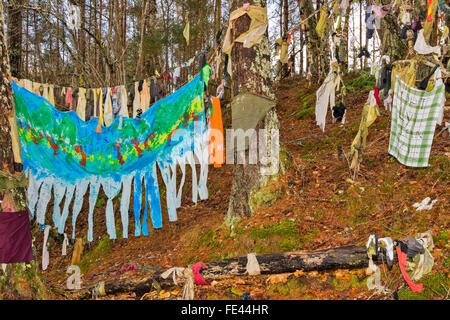 CLOOTIE WELL MUNLOCHY BLACK ISLE SCOTLAND COLOURFUL CLOTHES ON TREE TRUNKS AND BRANCHES ABOVE THE WELL Stock Photo