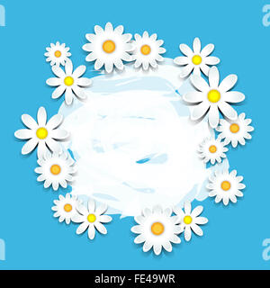 3D daisies over blue card with copy space Stock Photo