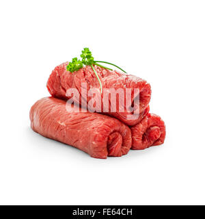 Three raw rouladen beef isolated on white, close up Stock Photo