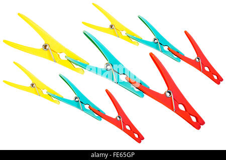 Nine coloured pegs clipped together against a white background