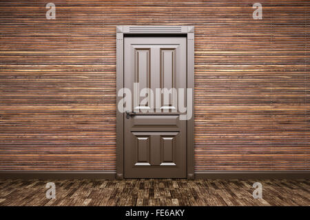 Interior of a room with classic brown door over wood paneling 3d rendering Stock Photo