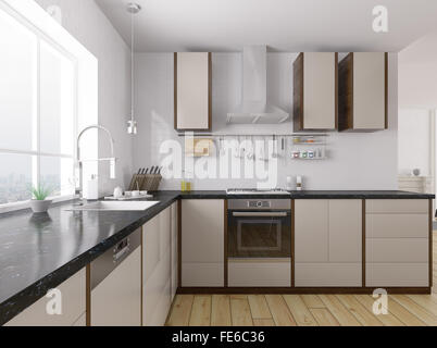 Modern kitchen with black granite counter interior 3d rendering Stock Photo