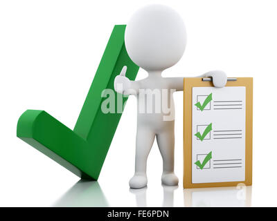 3d renderer illustration. White people with clipboard checklist. Success concept. Isolated white background Stock Photo