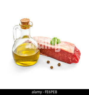 Raw rump steak with olive oil isolated on white Stock Photo